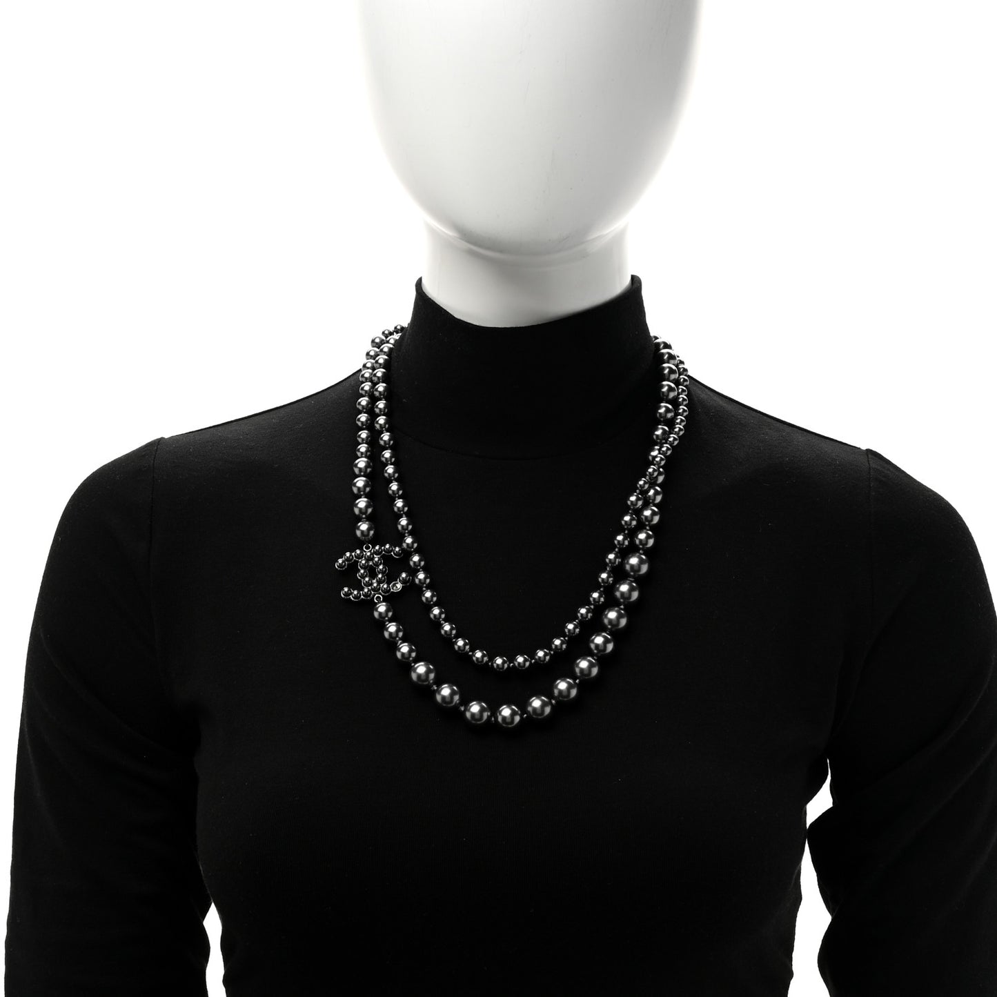 Ruthenium Graduated Pearl CC Long Necklace Dark Grey