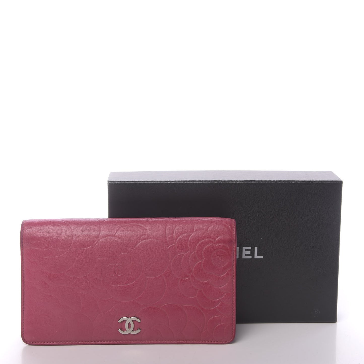 Lambskin Camellia Embossed Yen Wallet Fuchsia