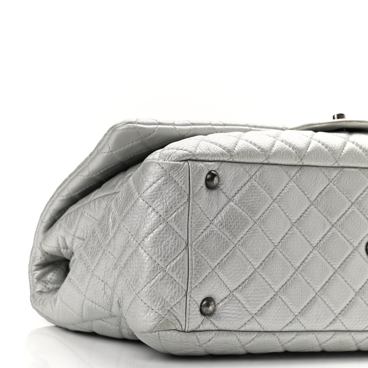 Metallic Calfskin Quilted XXL Travel Flap Bag Silver
