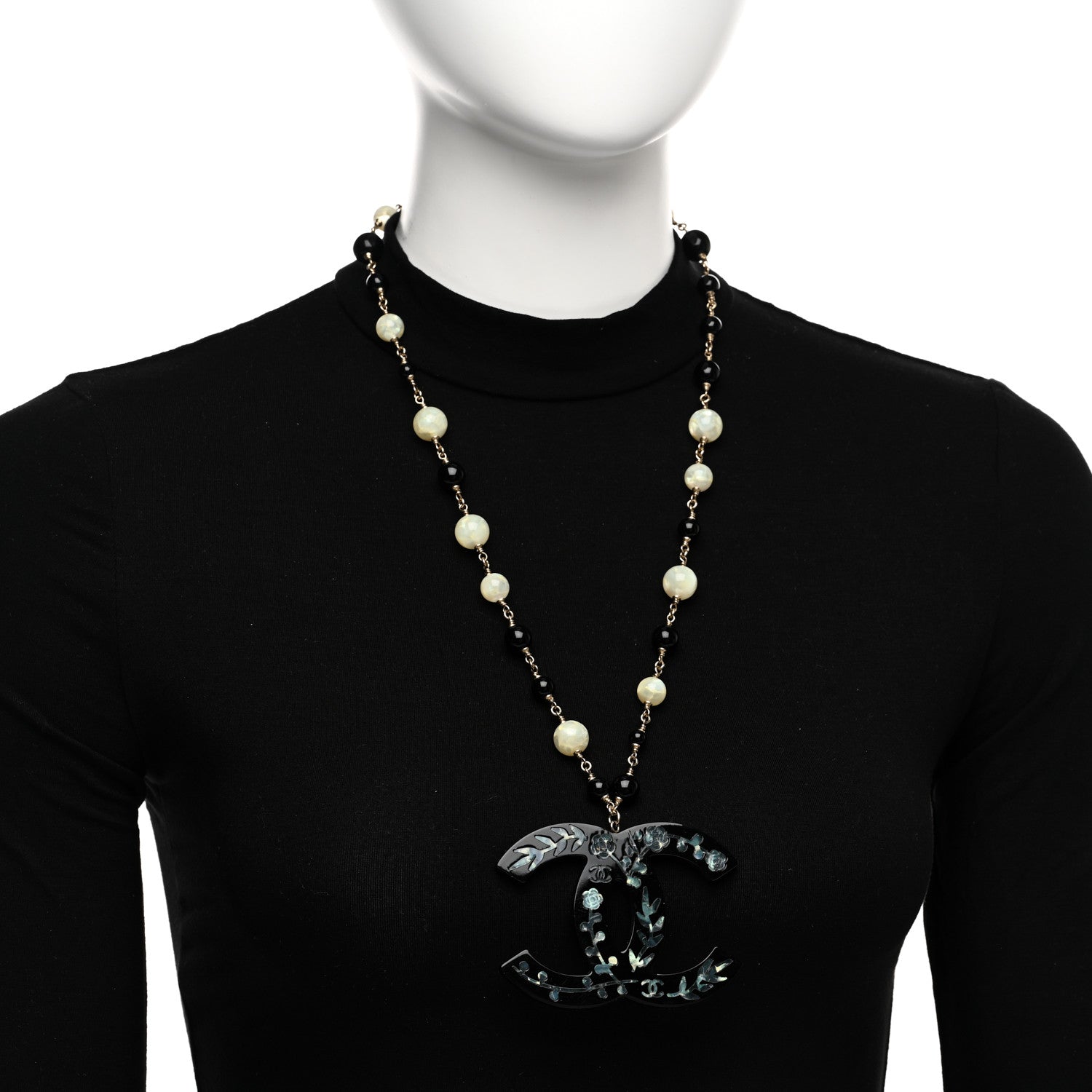 Chanel Beaded Mother of Pearl Oversized CC Necklace 5 of 8