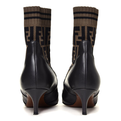 Fendi Vitellino Microfiber Fabric FF Rockoko Low Heel Sock Boots 35.5 Black Tobacco 10 of 12