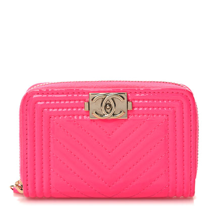 Chanel Patent Chevron Quilted Zip Around Boy Coin Purse Wallet Neon Pink 1 of 8