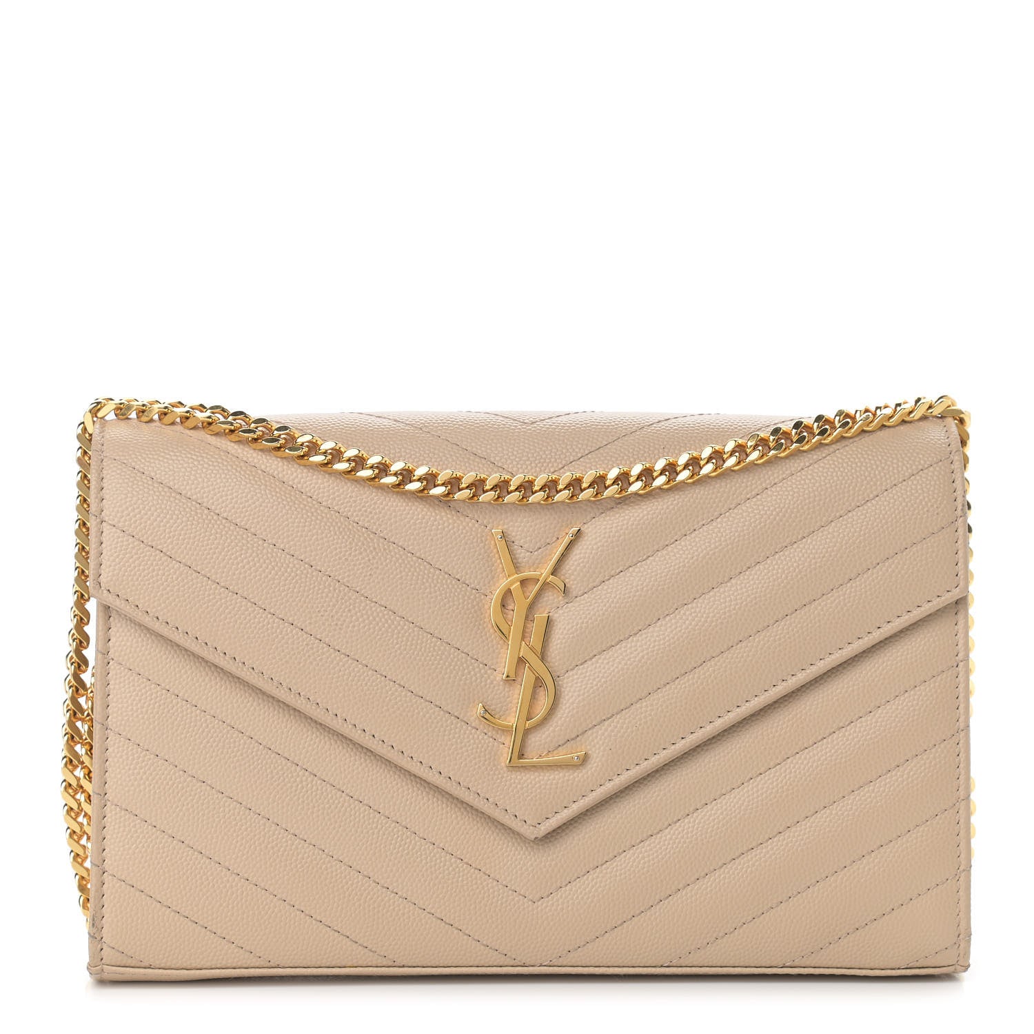Saint Laurent Grain De Poudre Matelasse Chevron Monogram Chain Wallet Dark Beige 1 of 13