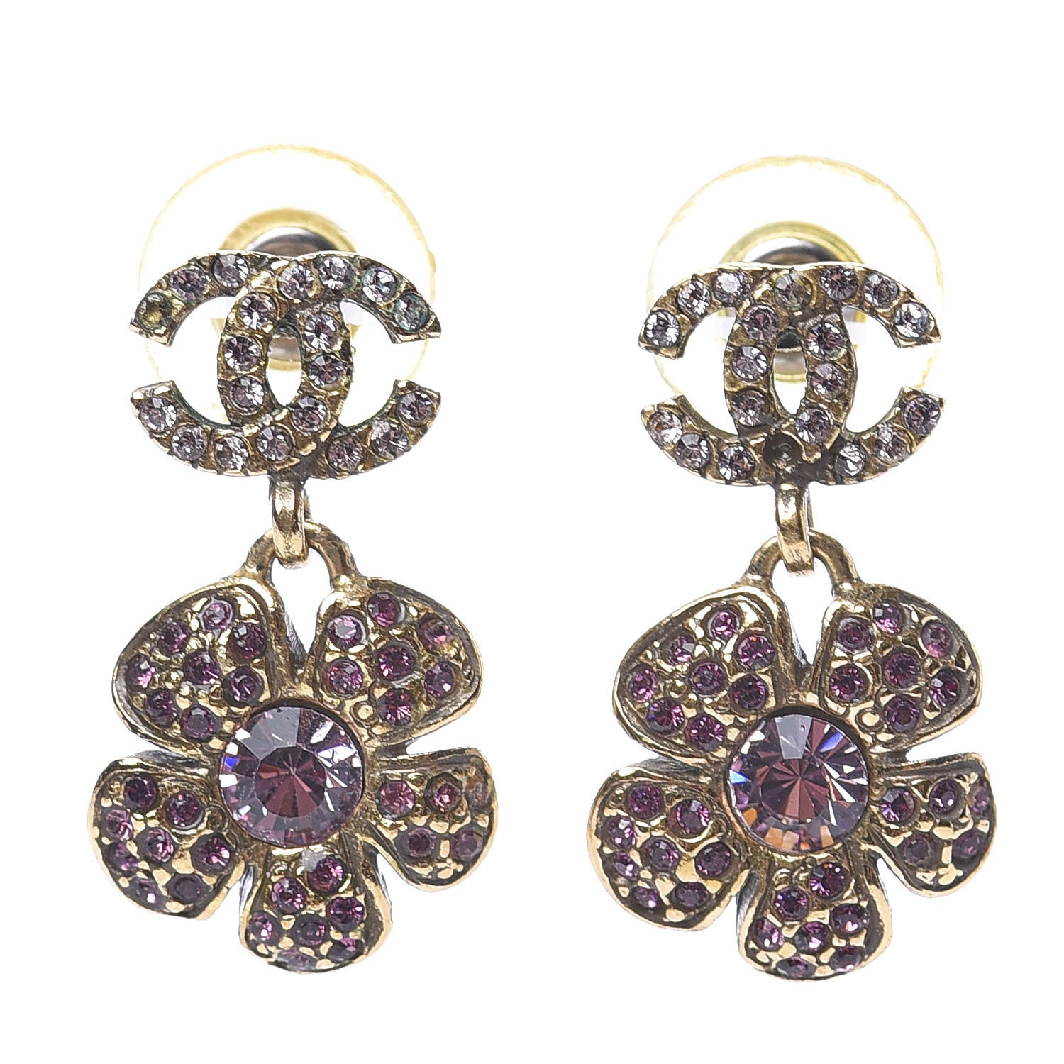 Chanel Crystal CC Flower Drop Earrings Gold Purple 1 of 6