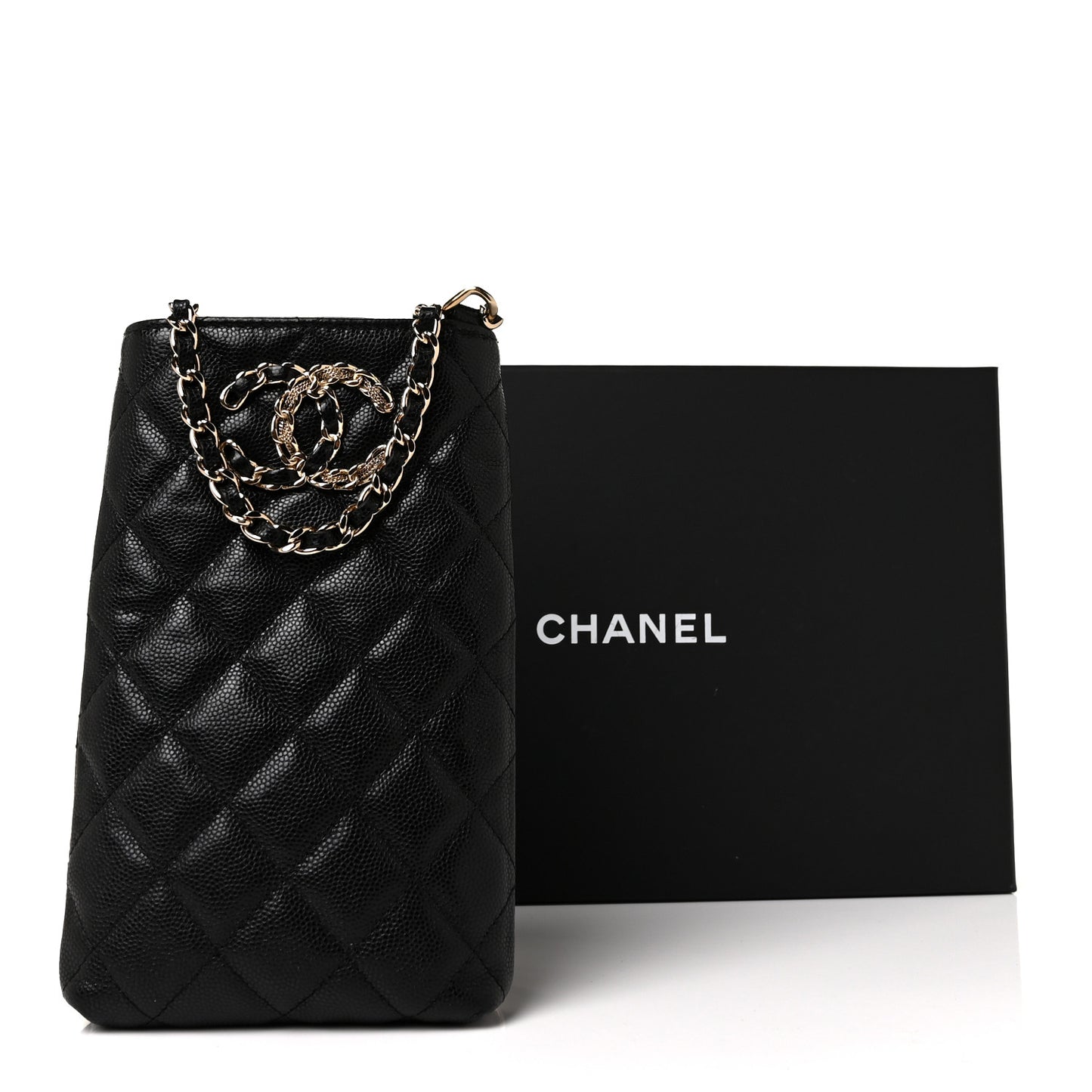 Caviar Quilted French New Wave Phone Holder With Chain Black
