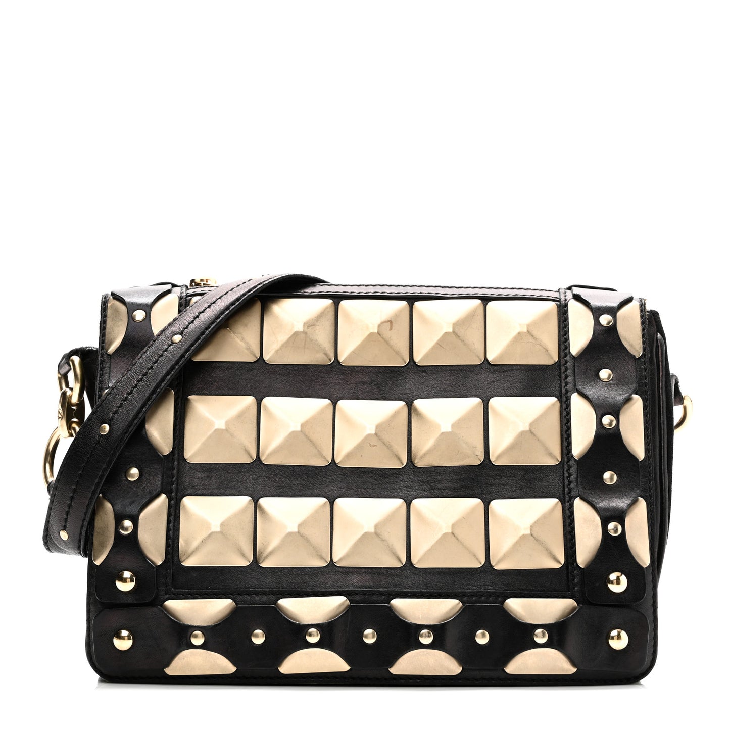 Calfskin Suede Studded Shoulder Bag Black Gold