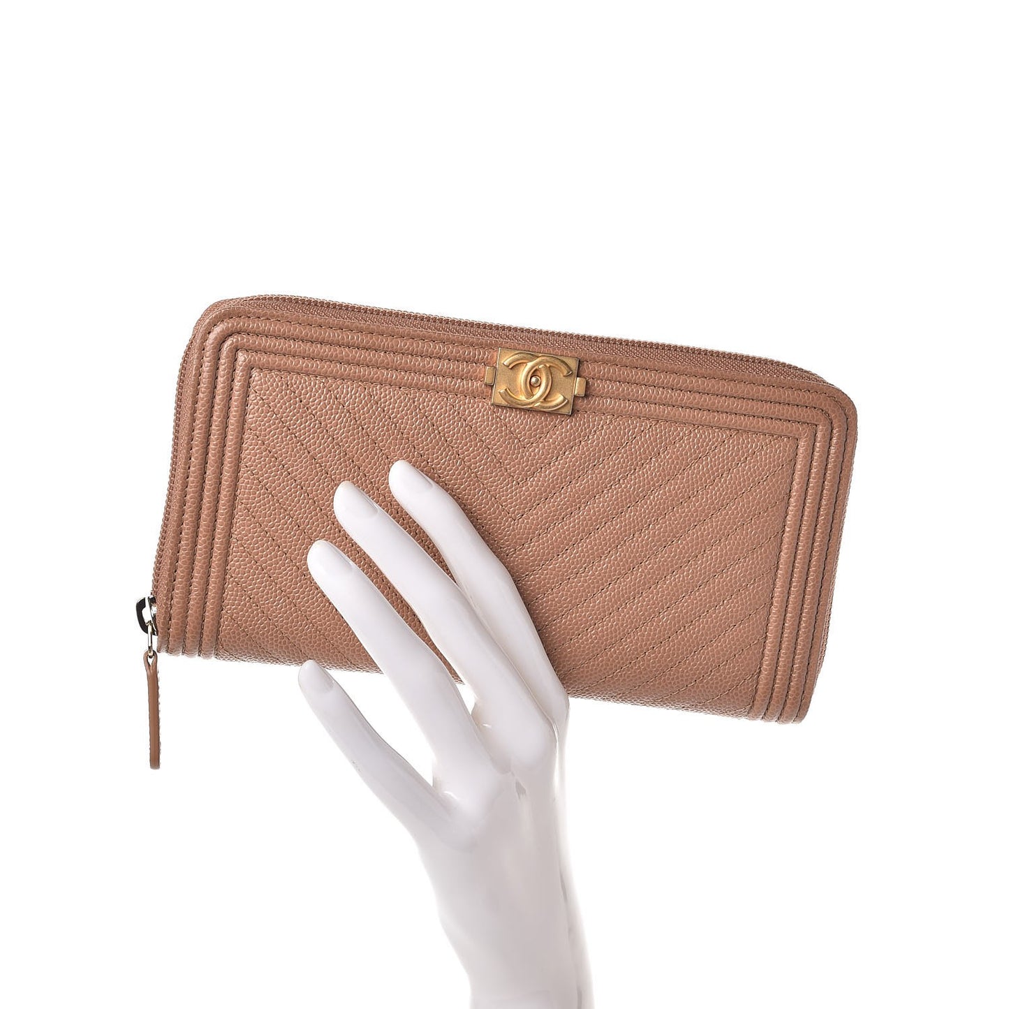 Caviar Chevron Zip Around Boy Wallet Light Brown