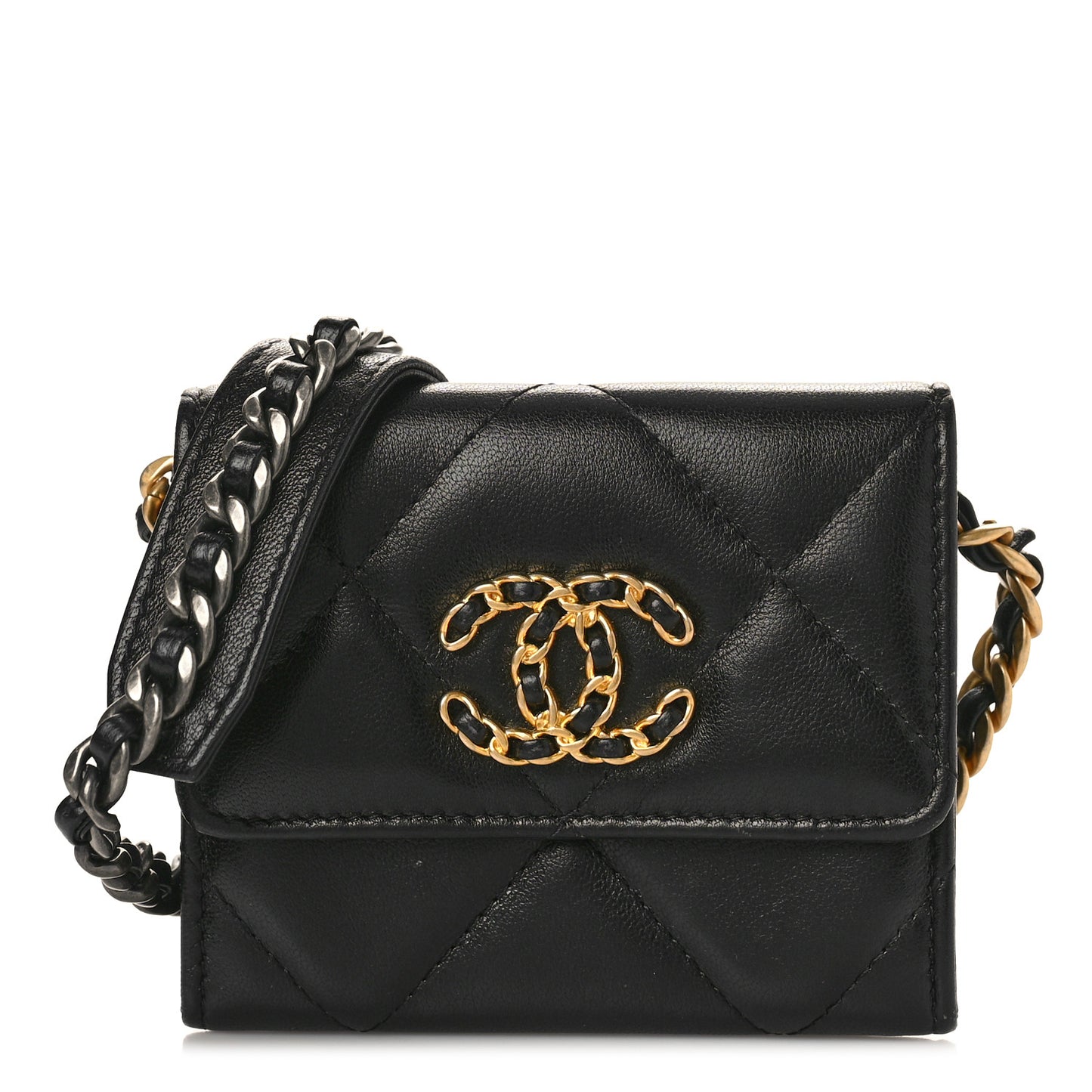 Lambskin Quilted Chanel 19 Flap Coin Purse With Chain Black