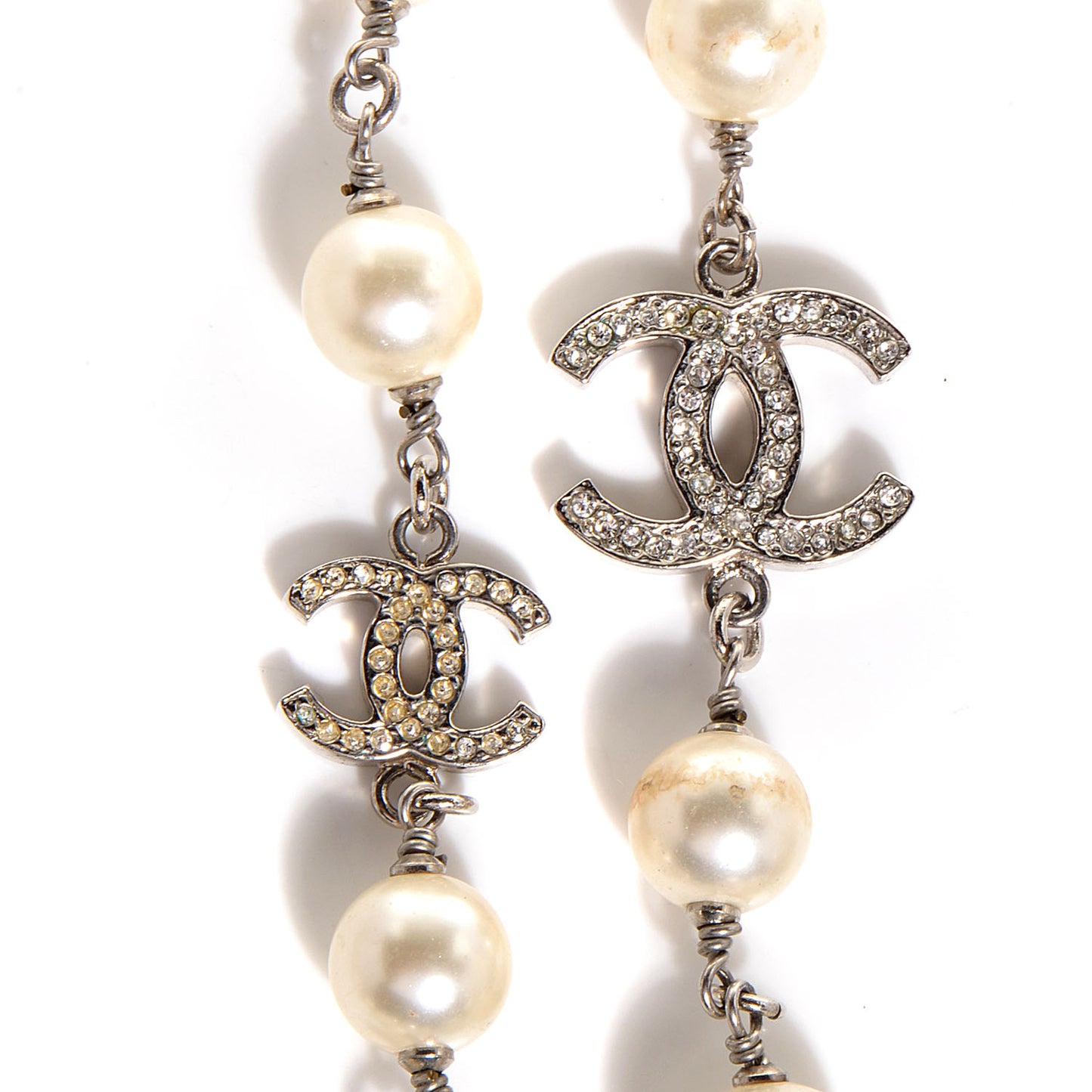 Crystal Pearl CC Long Necklace Silver