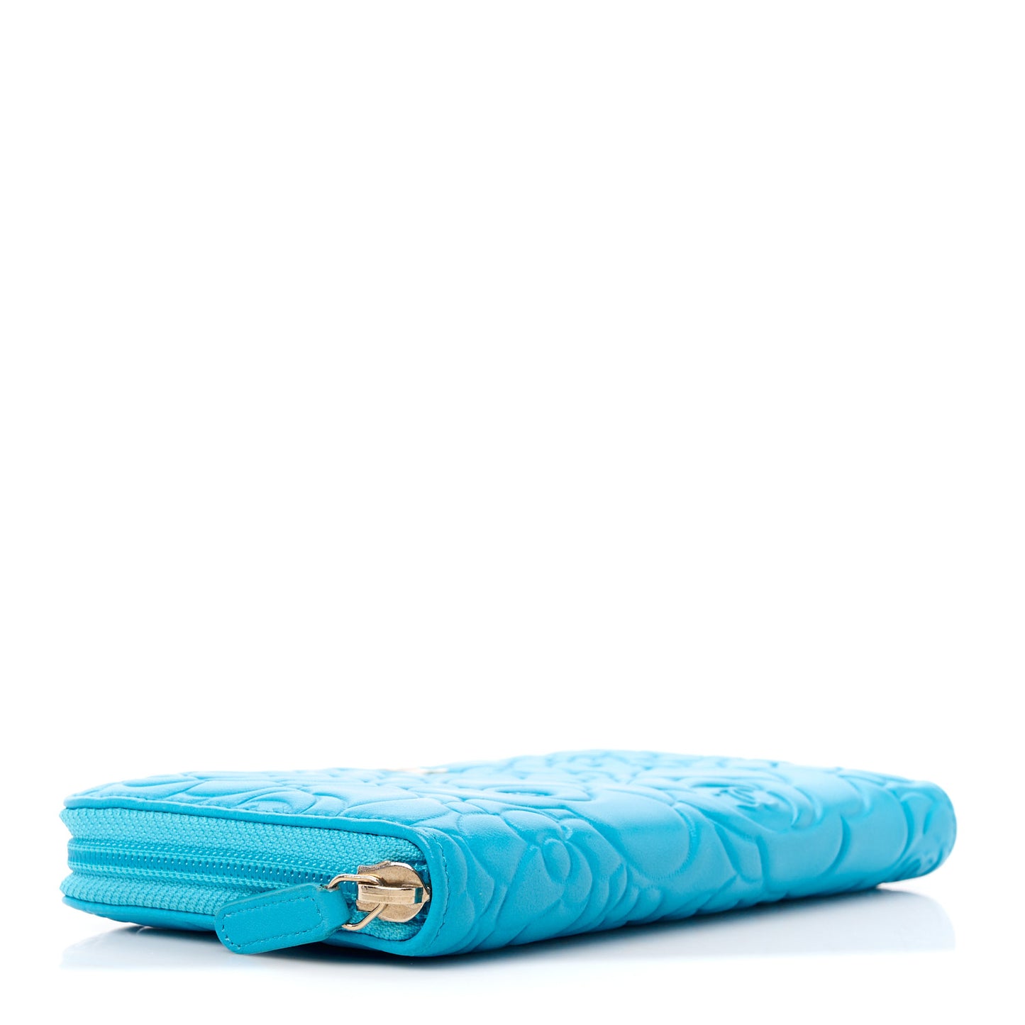 Lambskin Camellia Embossed Large Gusset Zip Around Wallet Turquoise