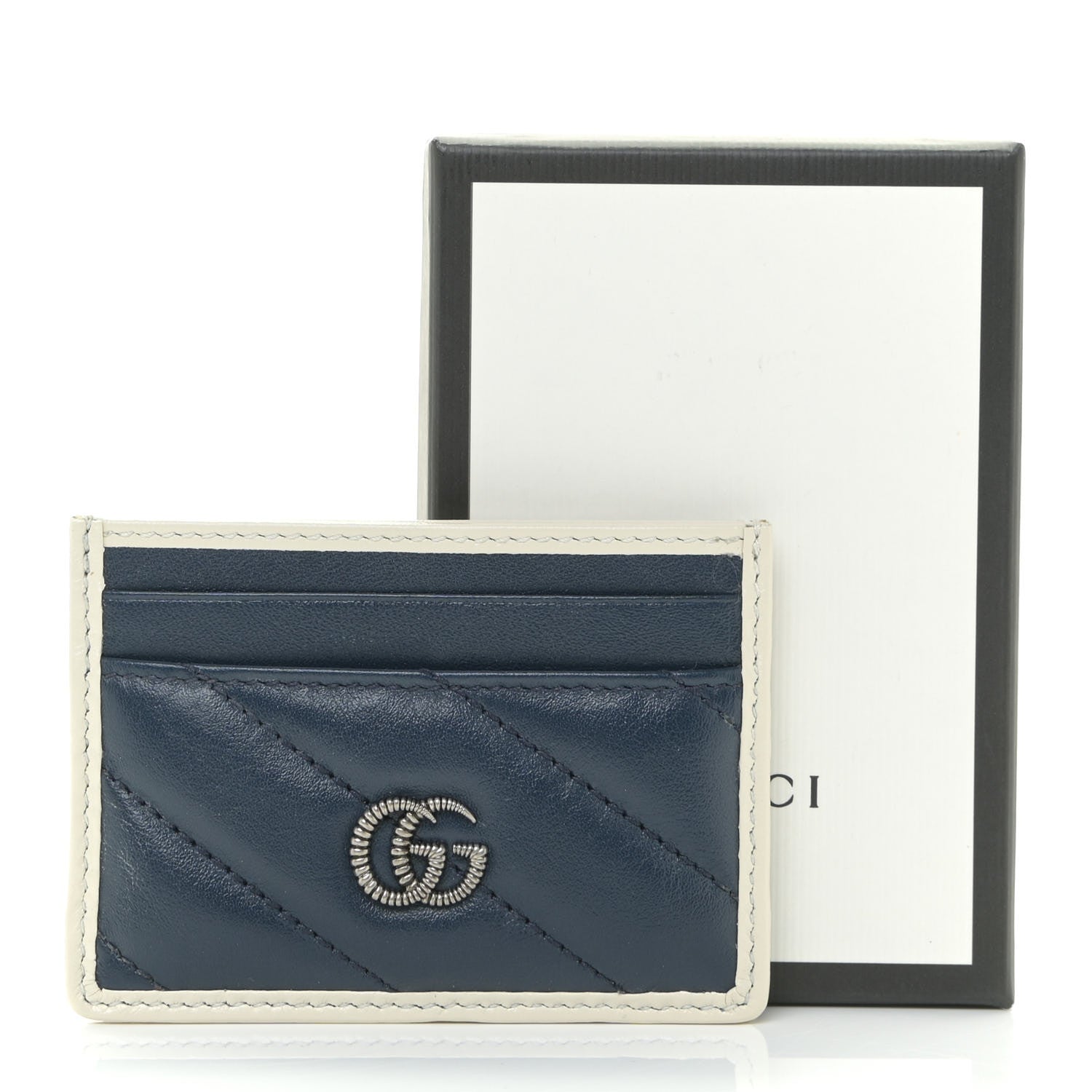 Gucci Vintage Effect Calfskin Matelasse Diagonal Torchon GG Marmont Card Holder Blue Agata Mystic White 10 of 10