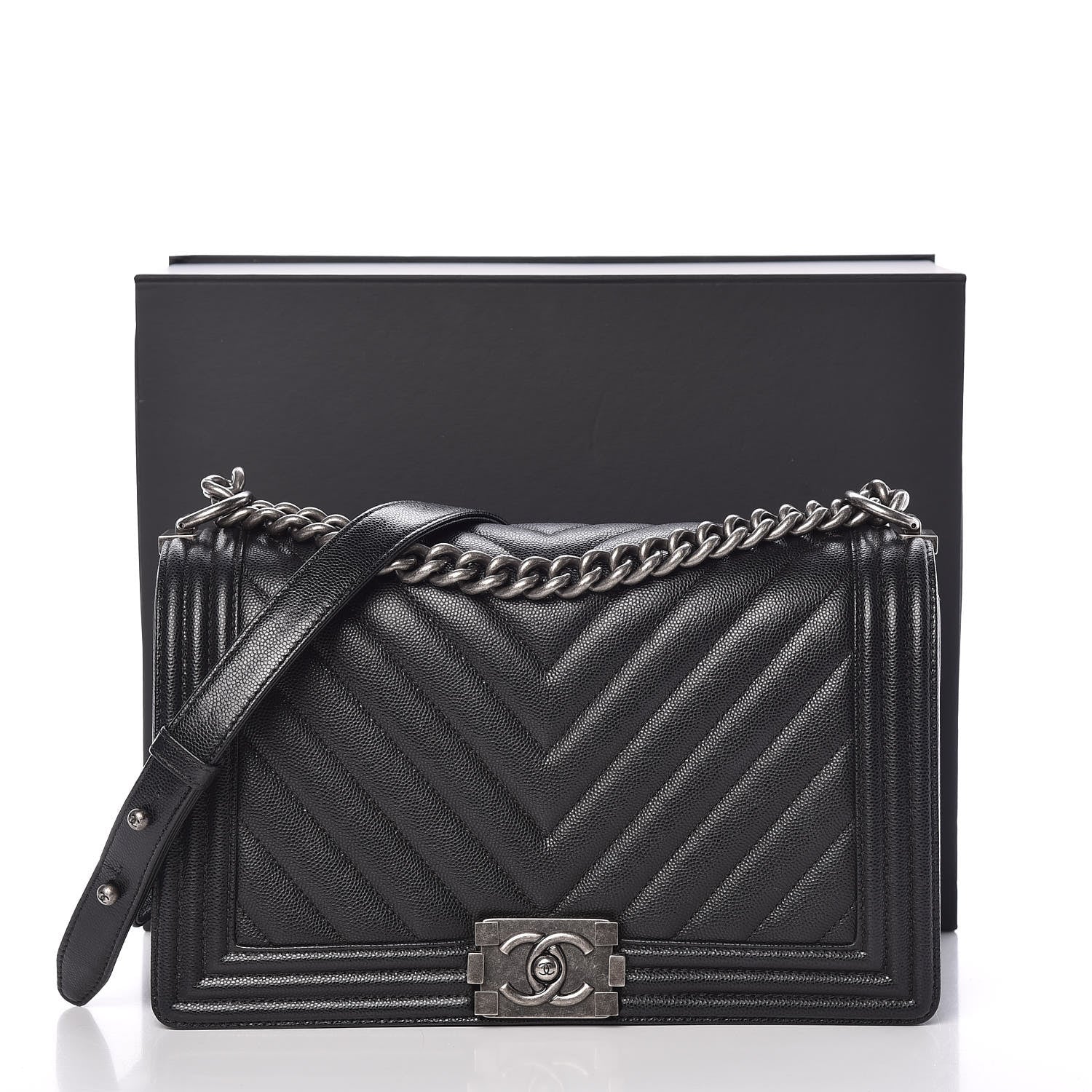 Chanel Caviar Chevron Quilted New Medium Boy Flap Black 10 of 10