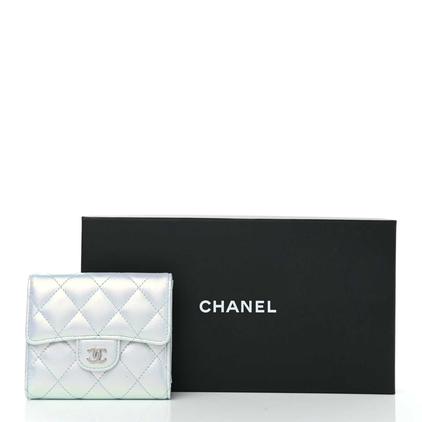 Iridescent Calfskin Quilted Compact Flap Wallet Light Blue