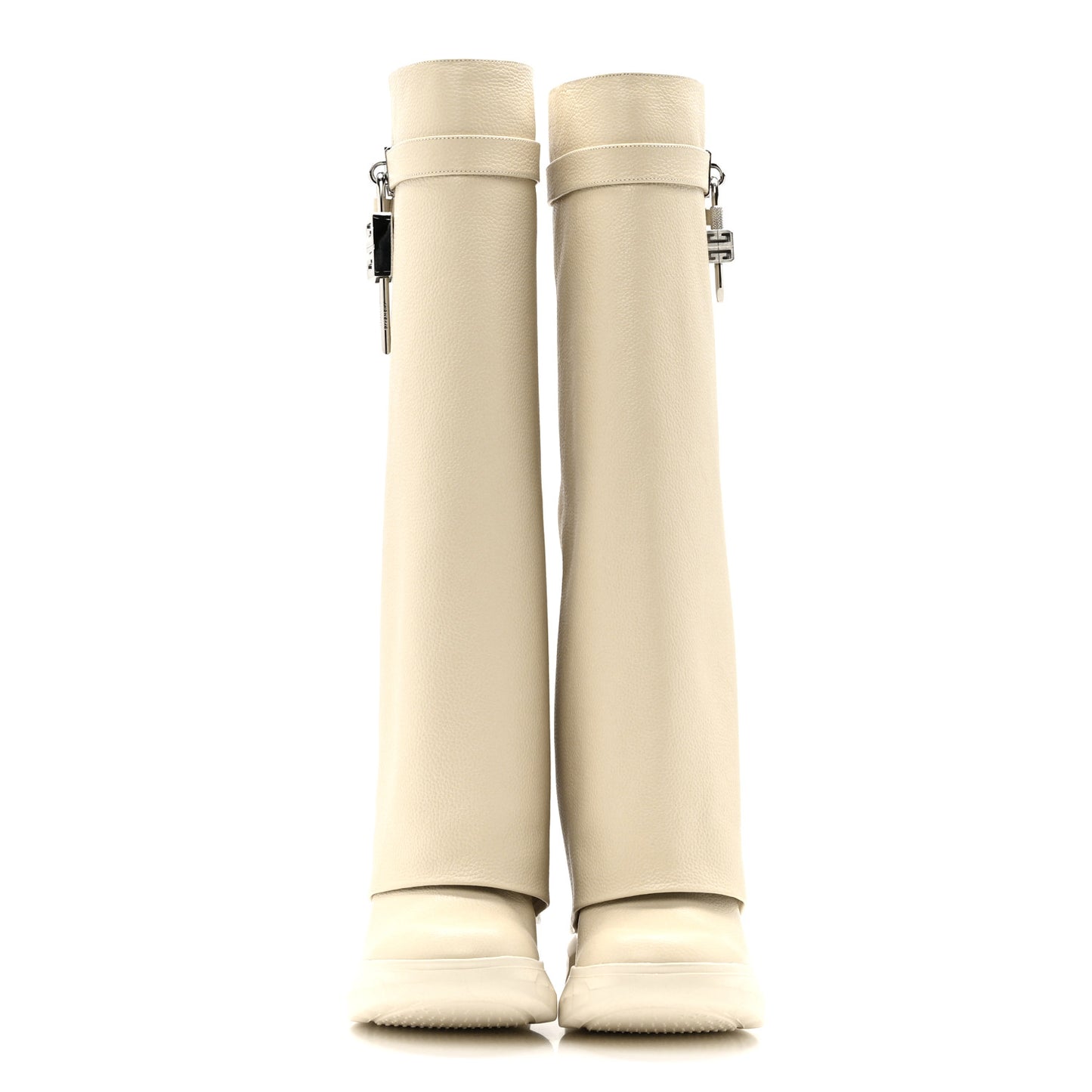 Grained Calfskin Shark Lock Biker Knee Boots 37 Beige