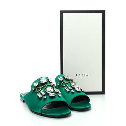 Gucci Satin Malaga Kid Horsebit Slide Sandals 39.5 Shamarock Emerald 11 of 11