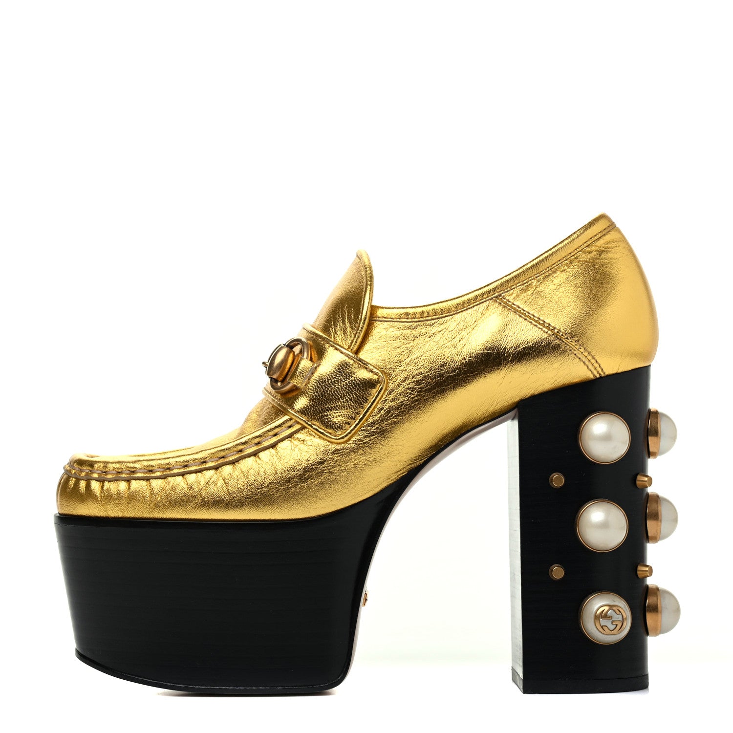 Gucci Malaga Kid Pearl Studded Vegas Platform Loafers 36 Gold 1 of 10