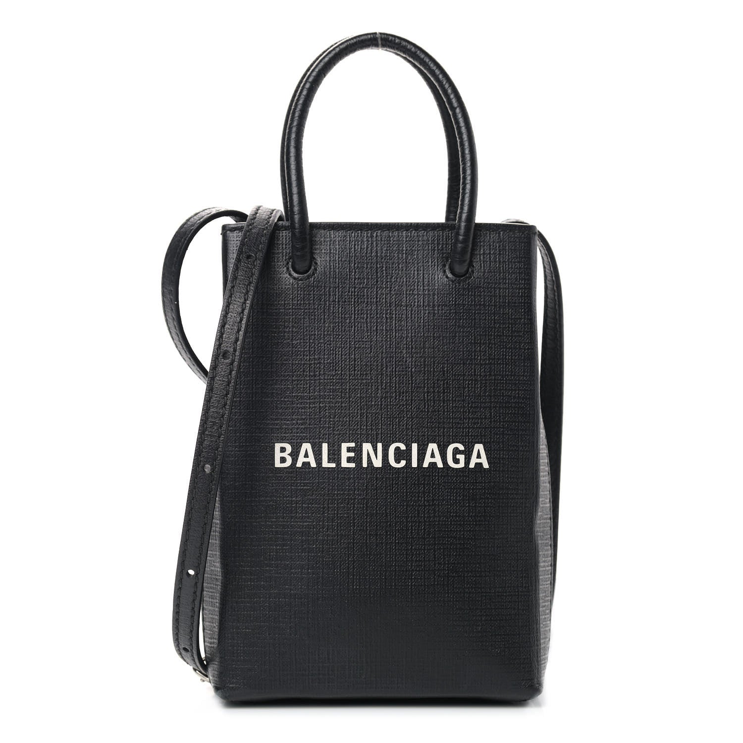 Balenciaga Squared Calfskin Logo Shopping Phone Holder Bag Black 1 of 9