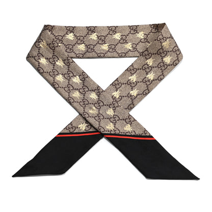 Gucci Silk Twill GG Monogram GG Bee Neck Bow Scarf Black Red 1 of 3