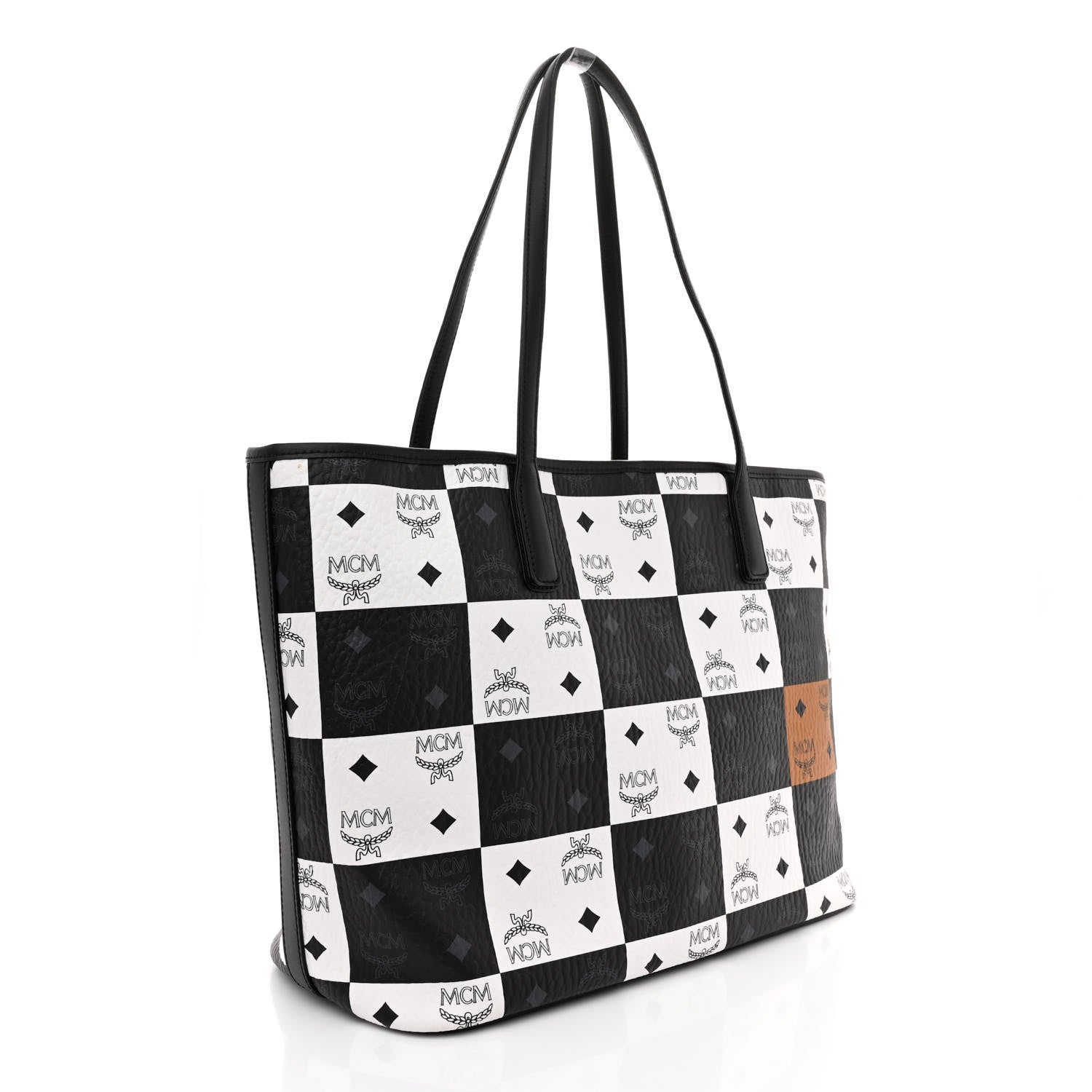 MCM Checkerboard Visetos Medium Aren Shopper Tote Black White