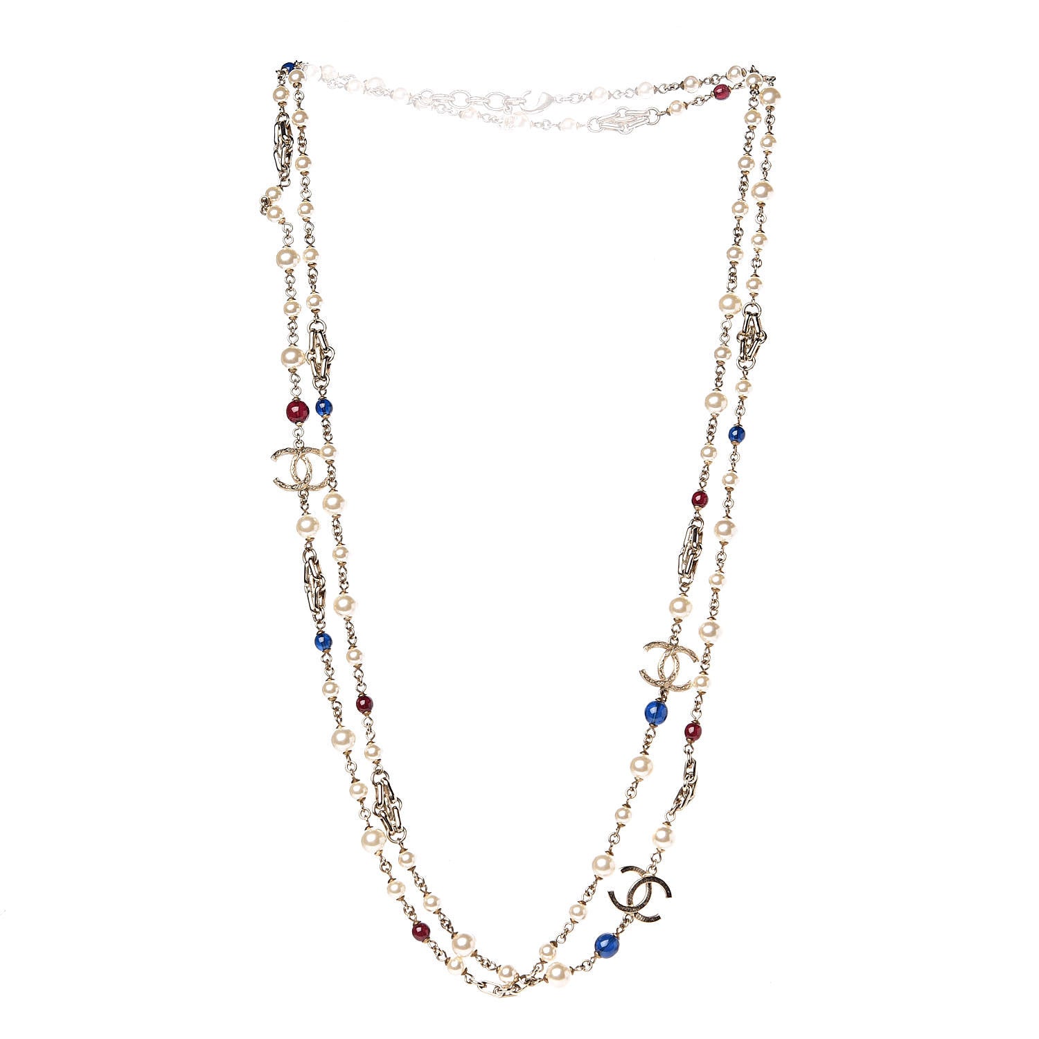 Chanel Pearl Resin Bead CC Long Necklace Gold Red Blue 3 of 5