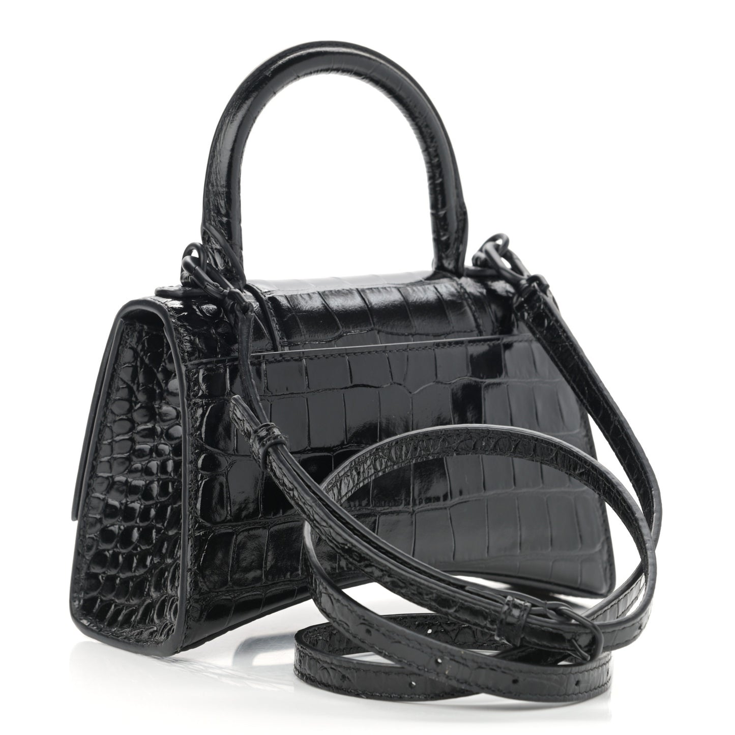 Shiny Calfskin Monochrome Crocodile Embossed Hourglass Top Handle Bag XS Black