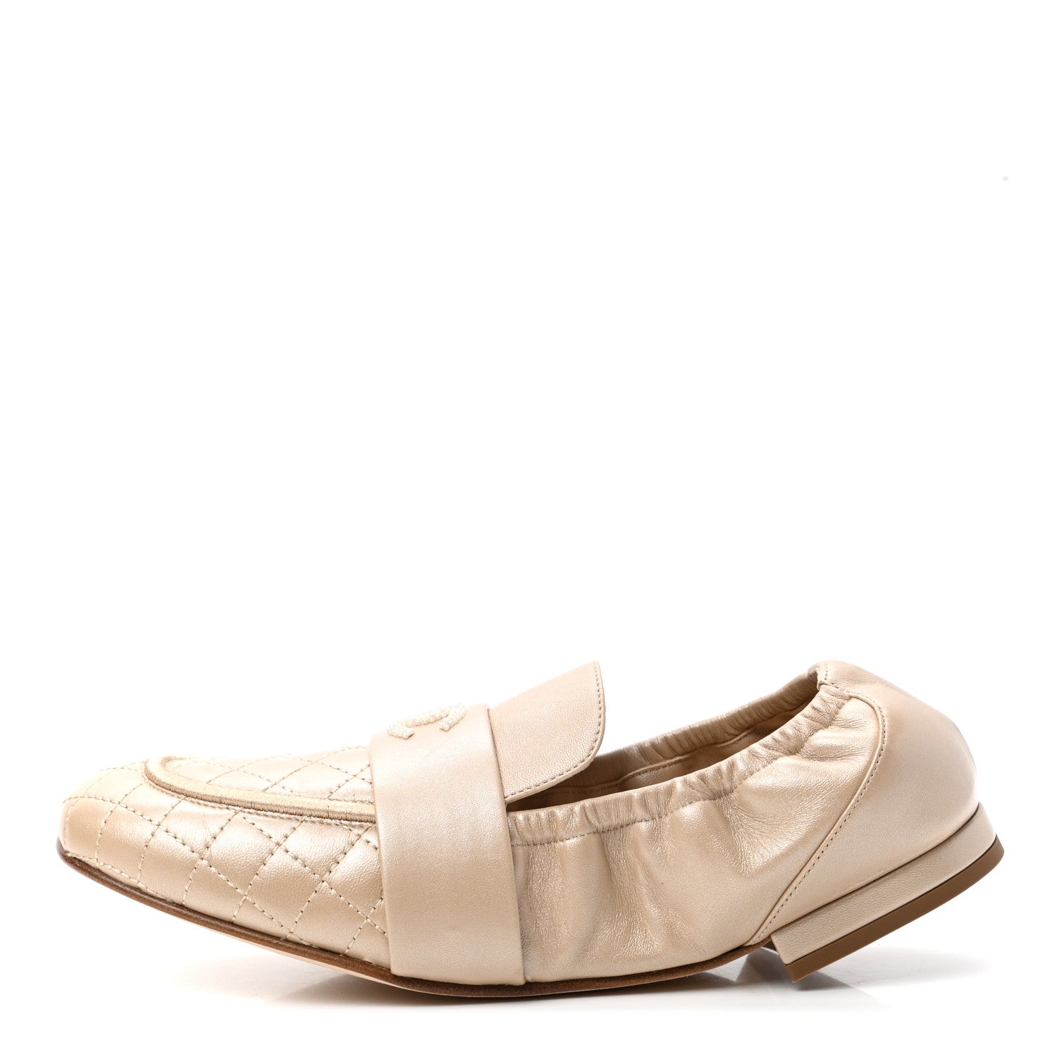 Chanel Laminated Lambskin Womens Quilted Elastic CC Moccasin Loafers 39 Beige 1 of 8