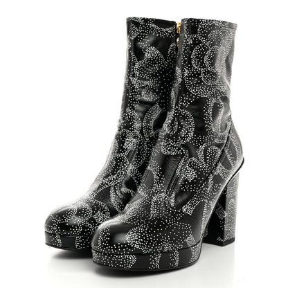 Chanel Calfskin Camellia Printed Ankle Boots 37.5 Black White 3 of 9