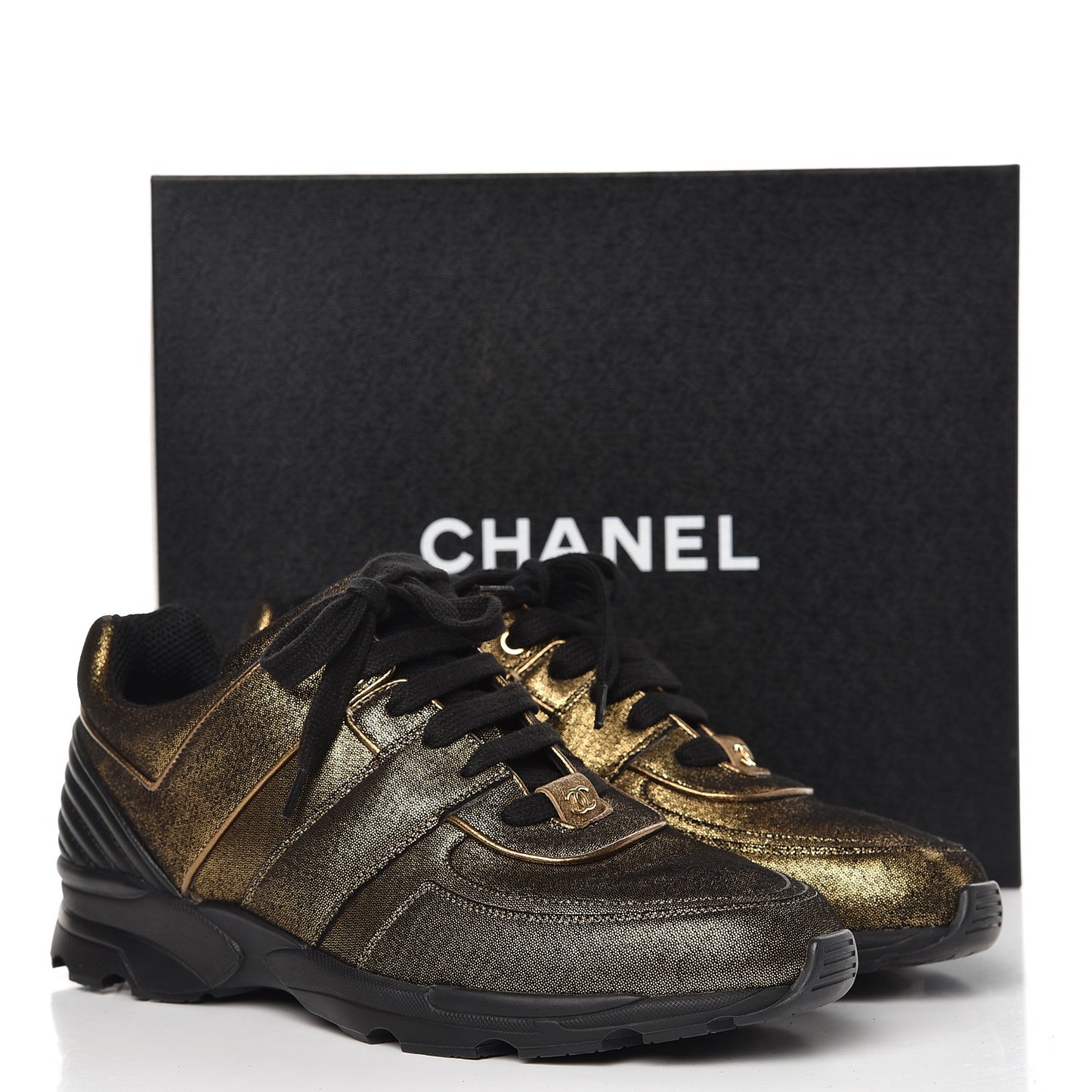 Metallic Fabric Calfskin Womens CC Sneakers 41 Golden Brown