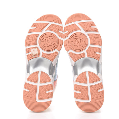 Chanel Nylon Lambskin Suede Calfskin CC Sneakers 40.5 Coral Light Blue White 5 of 9