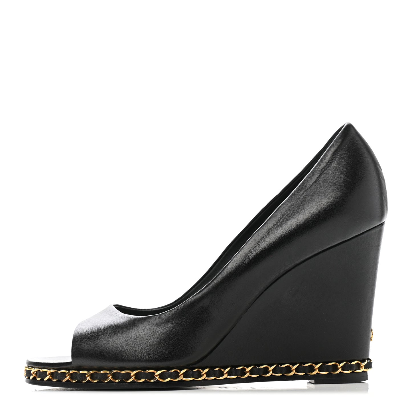 Calfskin Chain Peep Toe Wedge Pumps 39.5 Black