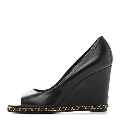 Chanel Calfskin Chain Peep Toe Wedge Pumps 39.5 Black 1 of 13