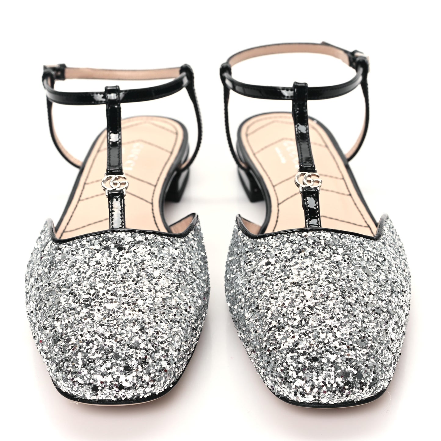Calfskin Glitter Double G Slingback Flats 36 Silver Black