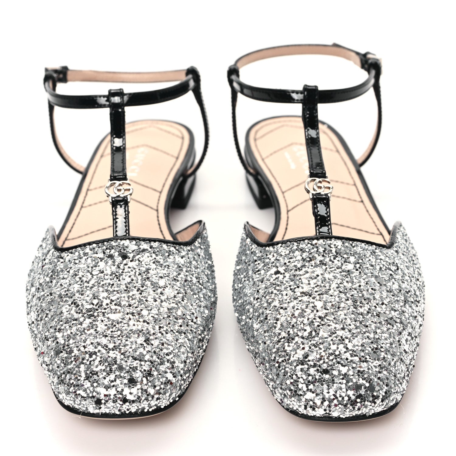 Gucci Calfskin Glitter Double G Slingback Flats 36 Silver Black 2 of 8