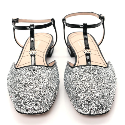 Gucci Calfskin Glitter Double G Slingback Flats 36 Silver Black 2 of 8