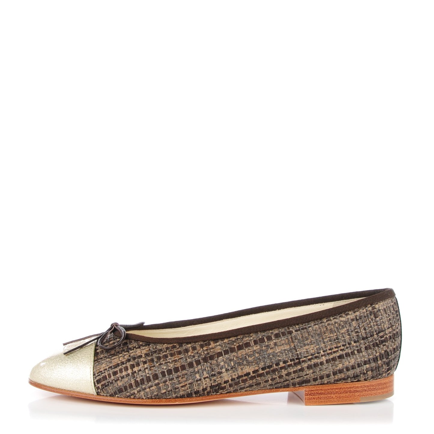 Tweed Ribbon Metallic Crackled Calfskin CC Cap Toe Ballerina Flats 38.5 Brown Gold