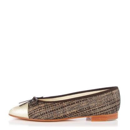 Chanel Tweed Ribbon Metallic Crackled Calfskin CC Cap Toe Ballerina Flats 38.5 Brown Gold 1 of 9