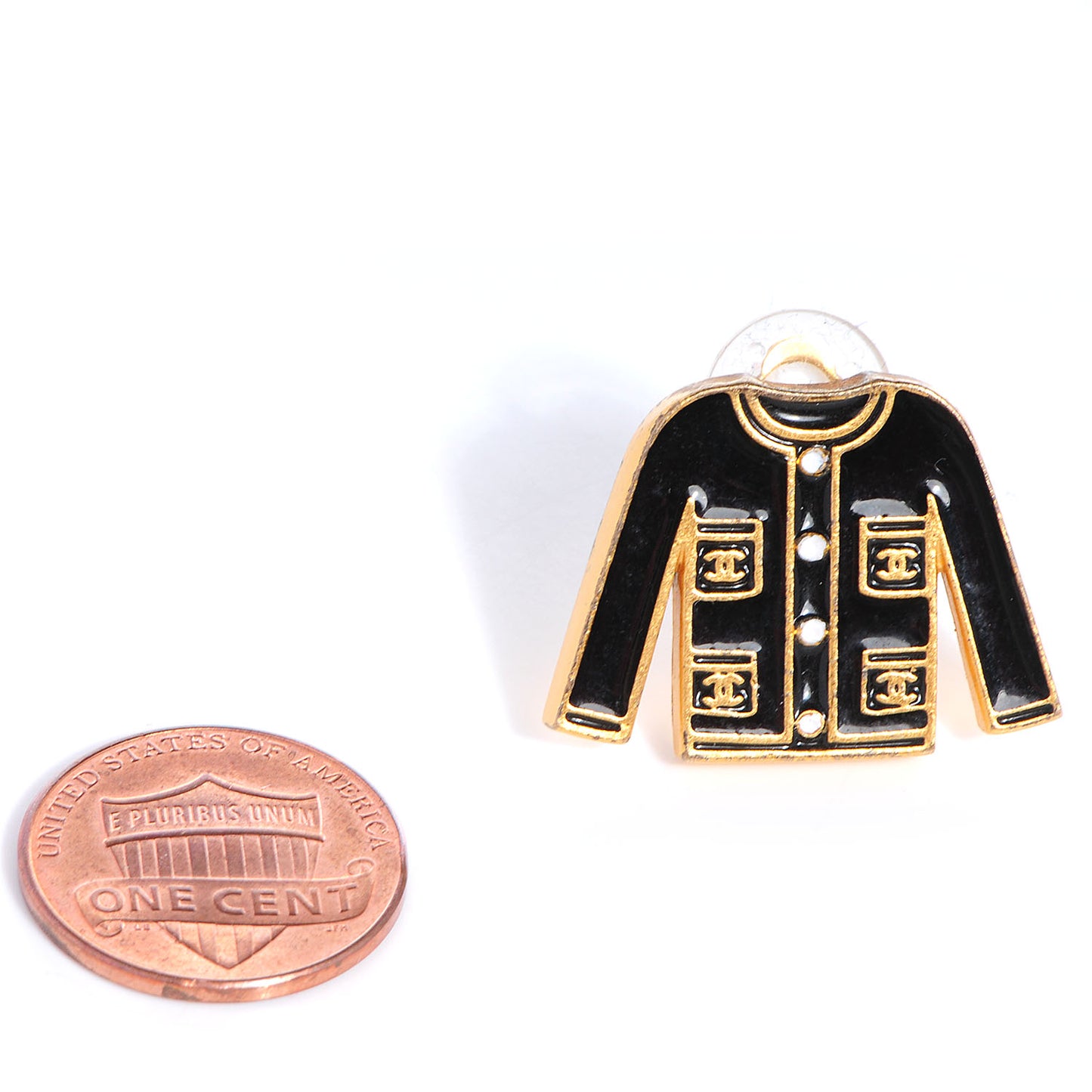 Enamel CC Jacket Clip On Earrings Black Gold
