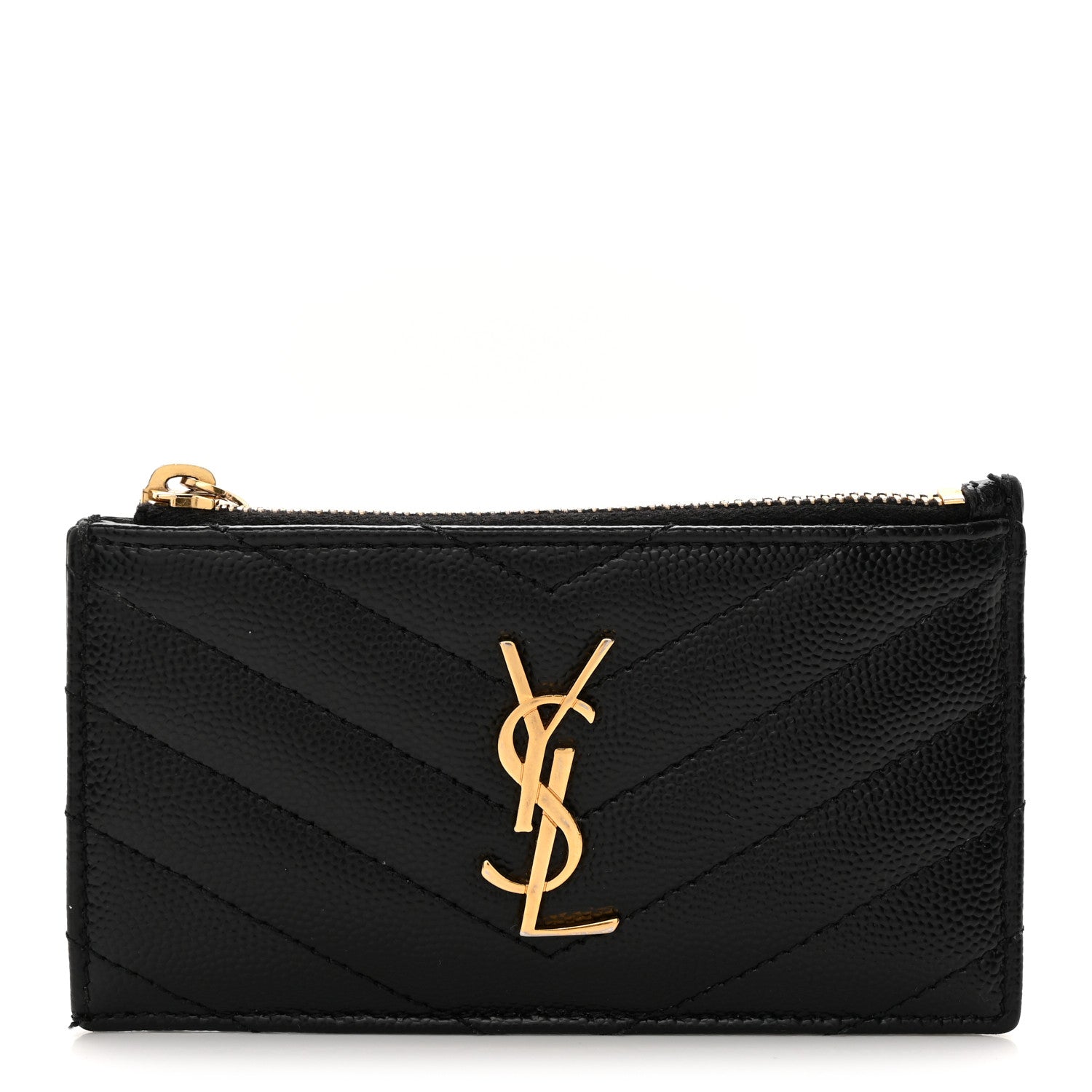 Saint Laurent Grain De Poudre Matelasse Chevron Monogram Fragments Zippered Card Case Black 1 of 9
