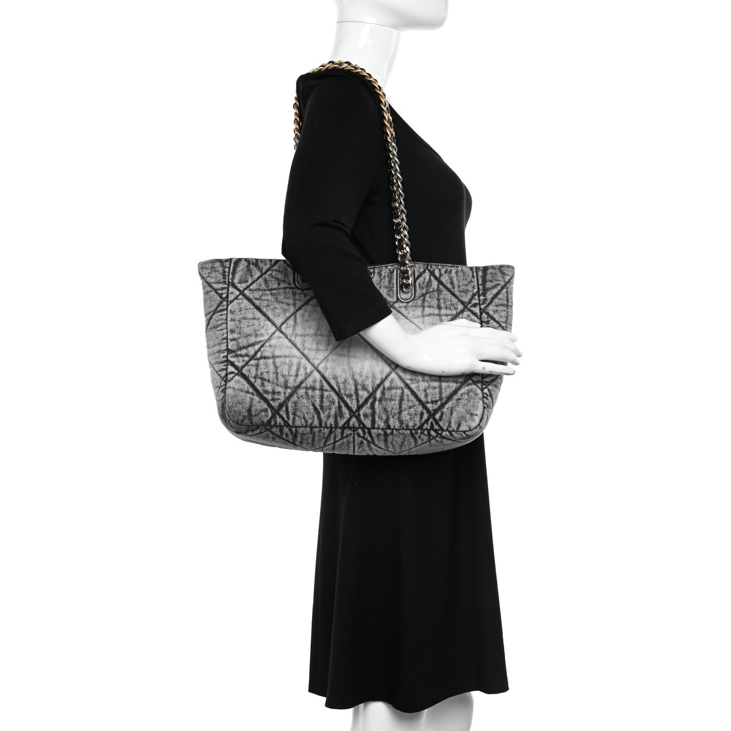 Washed Denim Quilted Chanel 19 East West Shopping Bag Black White