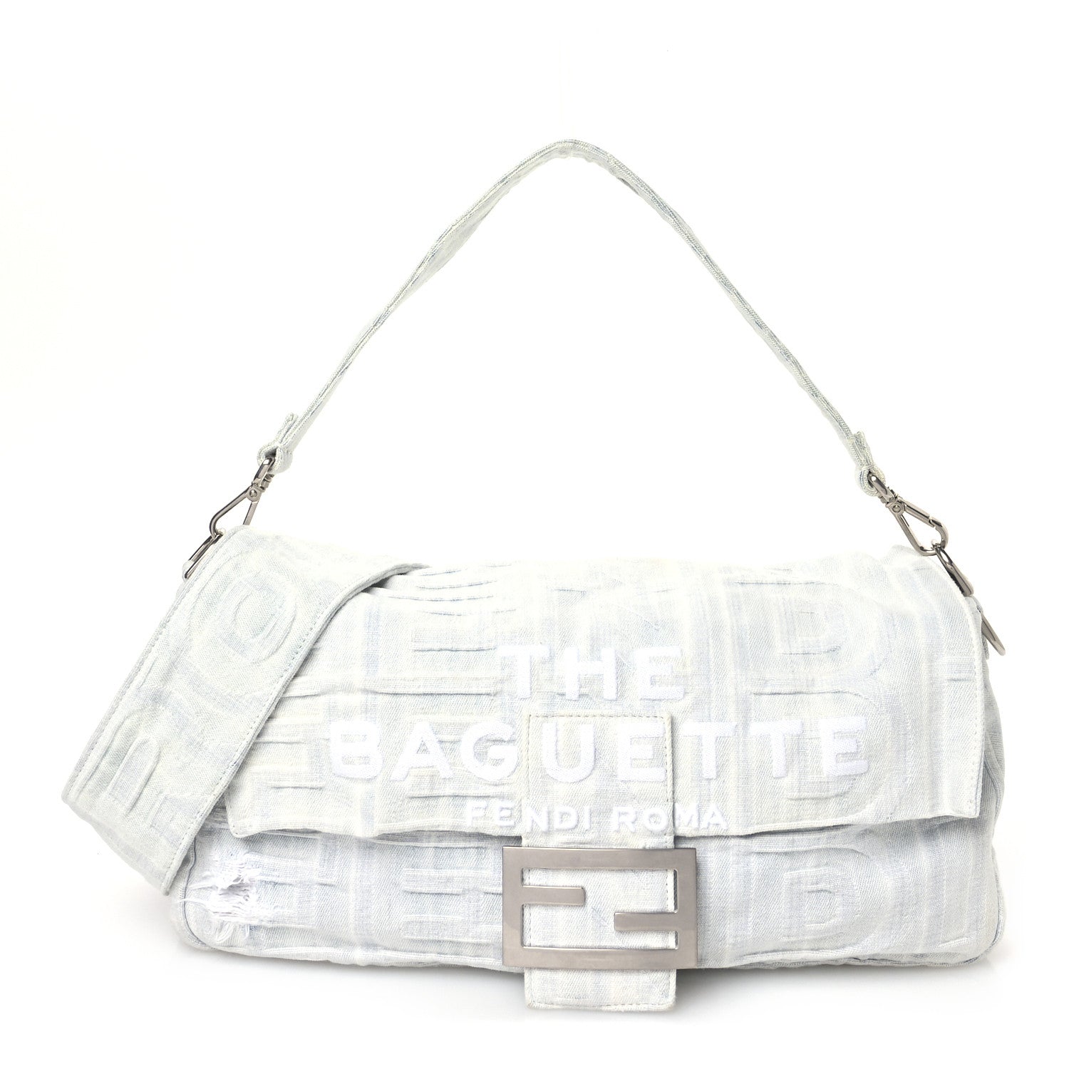 Fendi X MARC JACOBS Bleached Denim Logo Maxi Baguette Off White 1 of 12