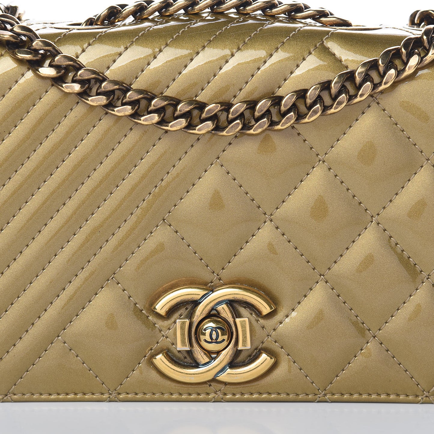 Iridescent Patent Quilted Small Coco Boy Flap Gold