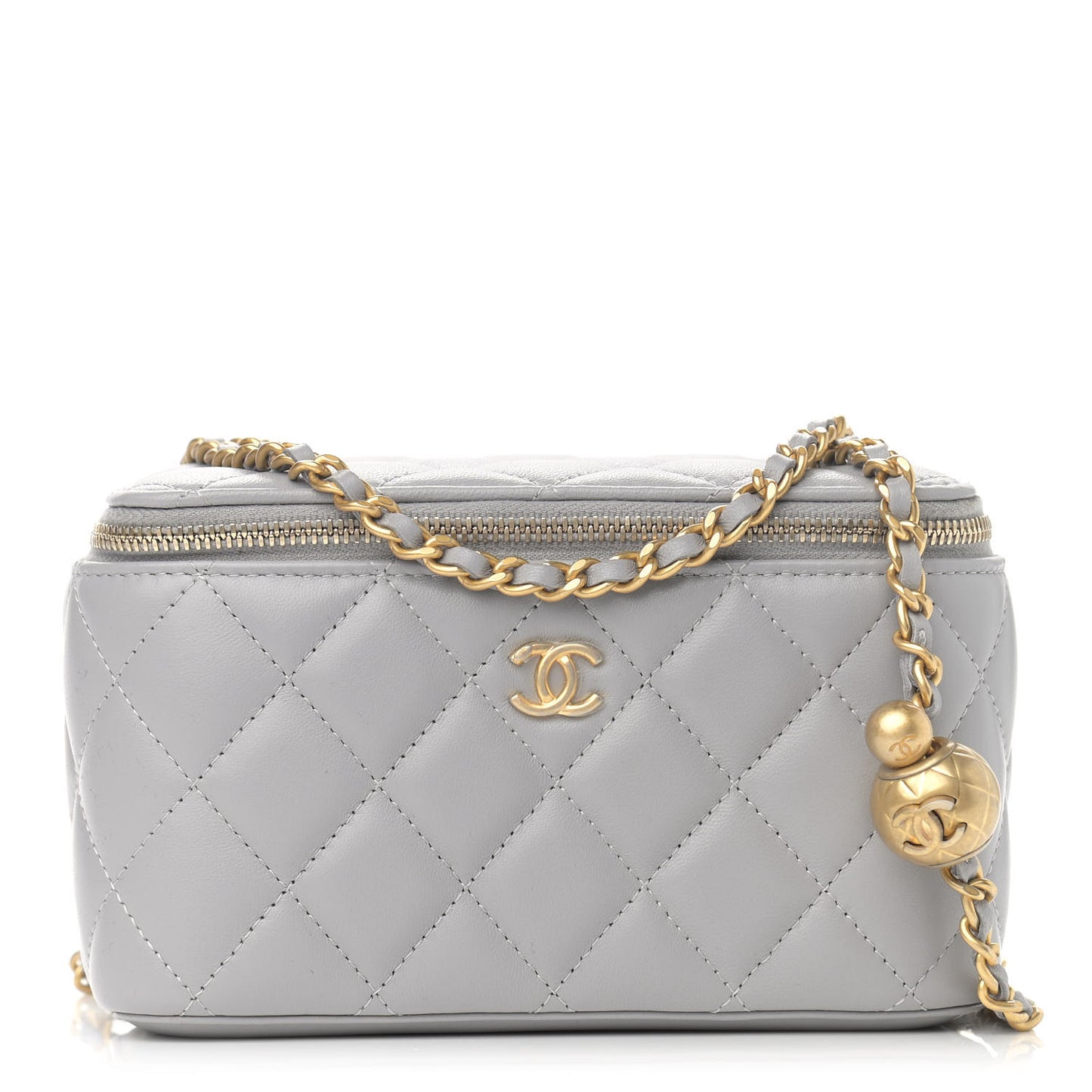 Lambskin Quilted Small Pearl Crush Vanity Case With Chain Grey