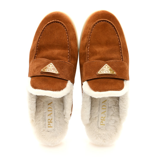 Suede Shearling Triangle Logo Loafer Mules 37 Cognac