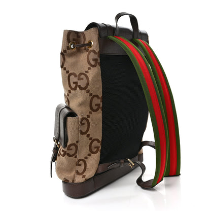 Gucci Monogram Jumbo GG Textured Dollar Calfskin Web Double Buckle Backpack Camel Ebony New Acero 3 of 8