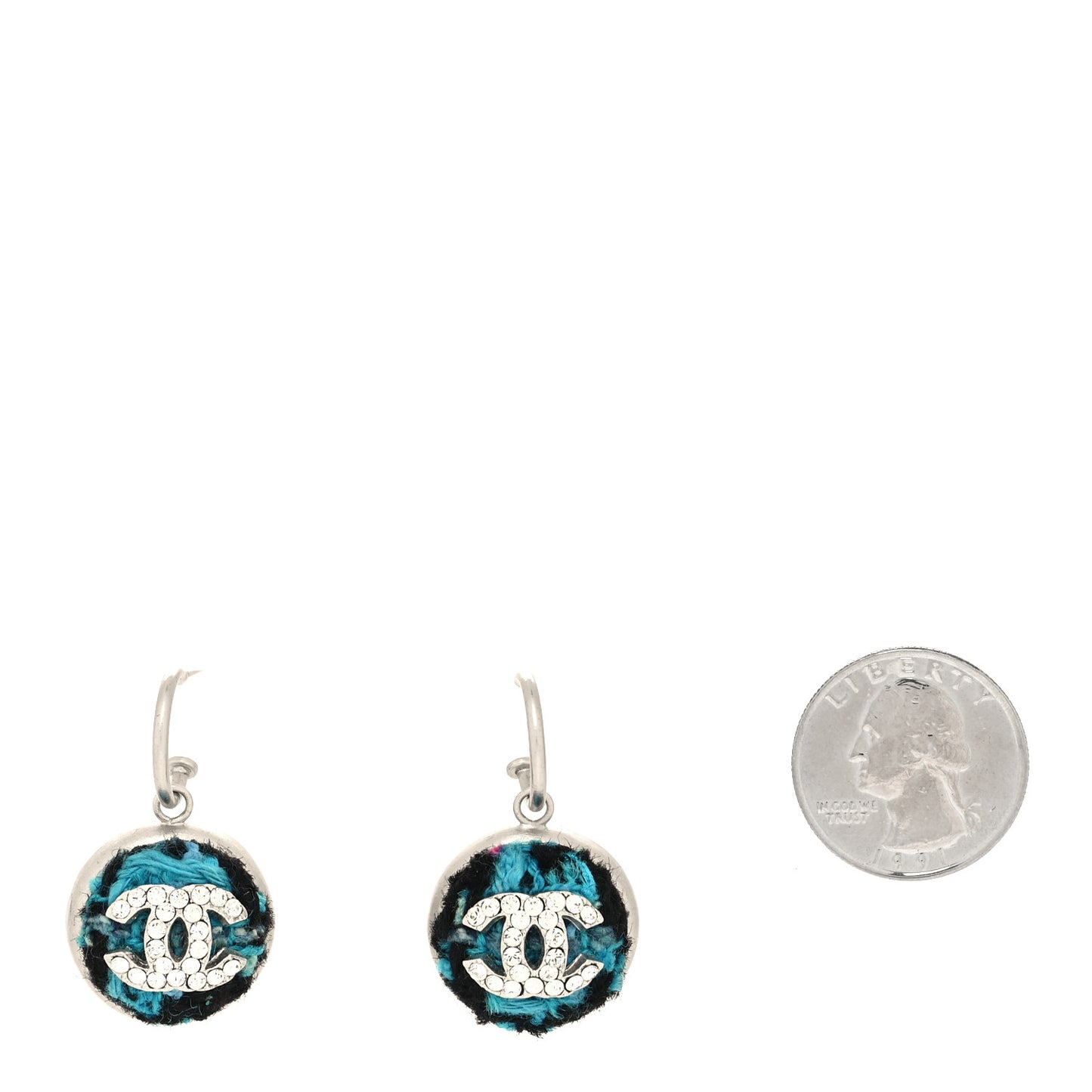 Metal Tweed Crystal CC Half Hoop Earrings Silver Blue