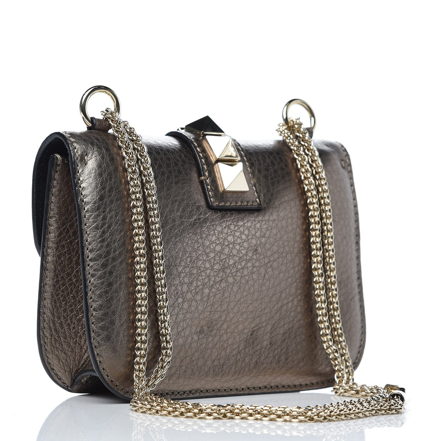 Metallic Vitello Small Glam Lock Rockstud Flap Sasso