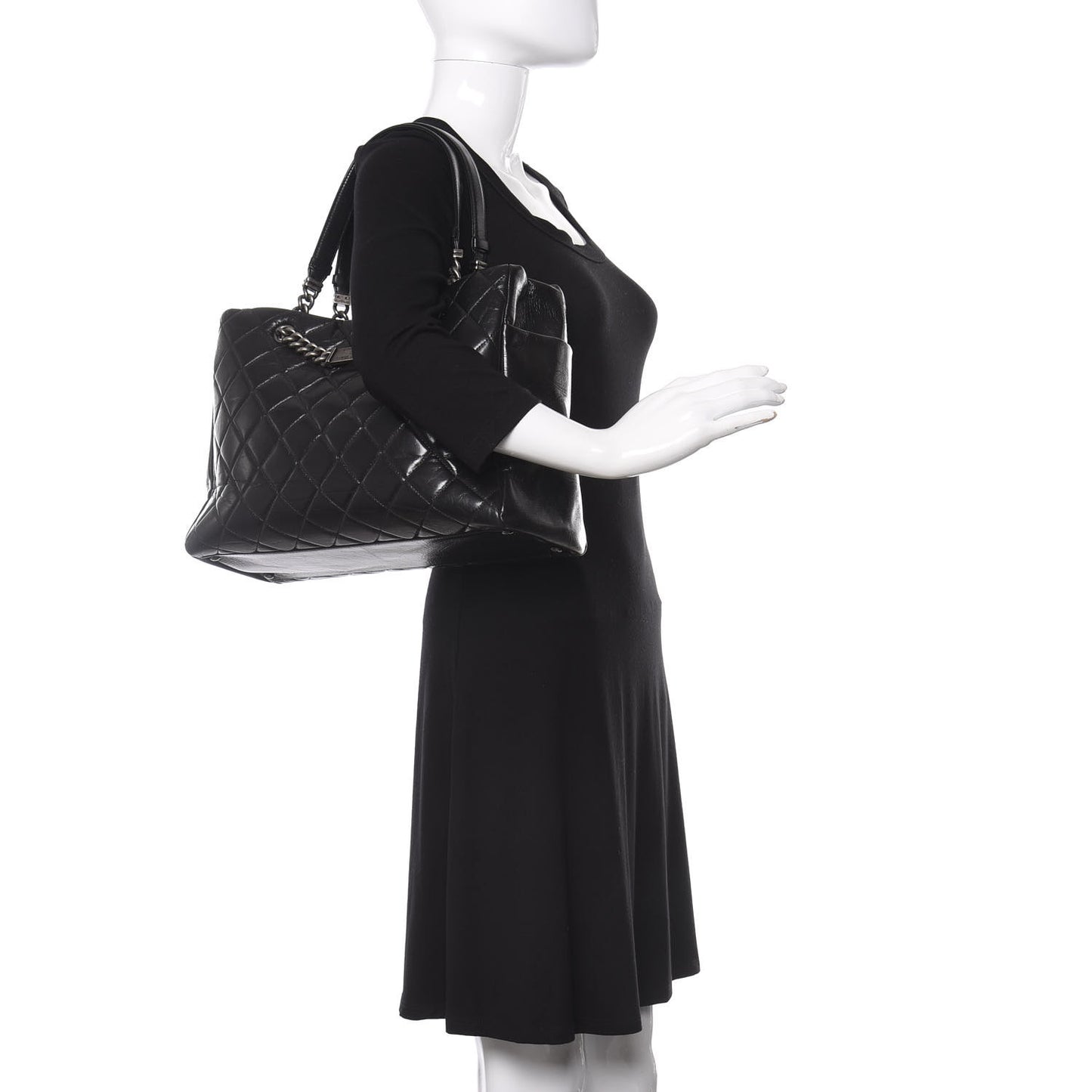 Glazed Calfskin Quilted Large Nameplate Shopping Tote Black