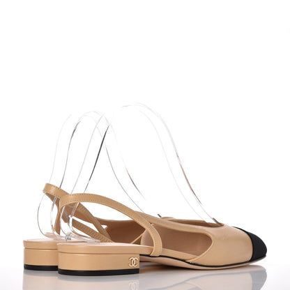Chanel Lambskin Grosgrain Cap Toe CC Slingback Sandals 37.5 Beige Black 4 of 9