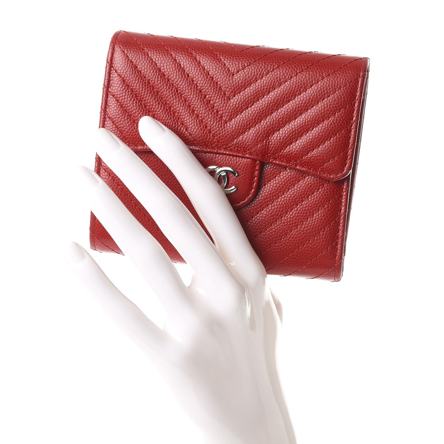 Chanel Caviar Chevron Quilted Compact Flap Wallet Dark Red 2 of 9