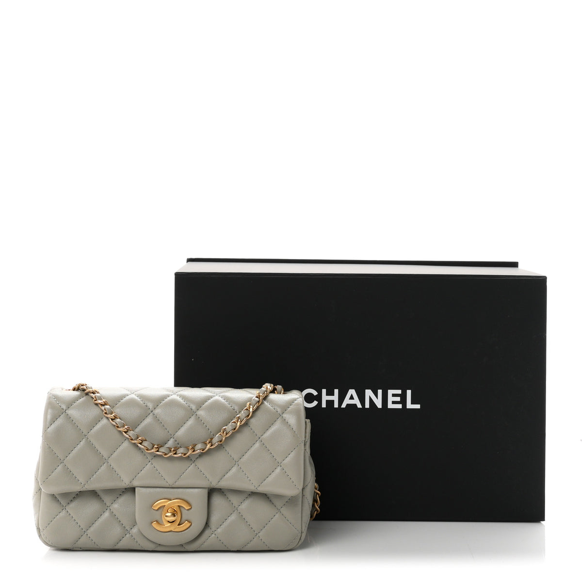 Lambskin Quilted Mini Rectangular Pearl Crush Flap Grey